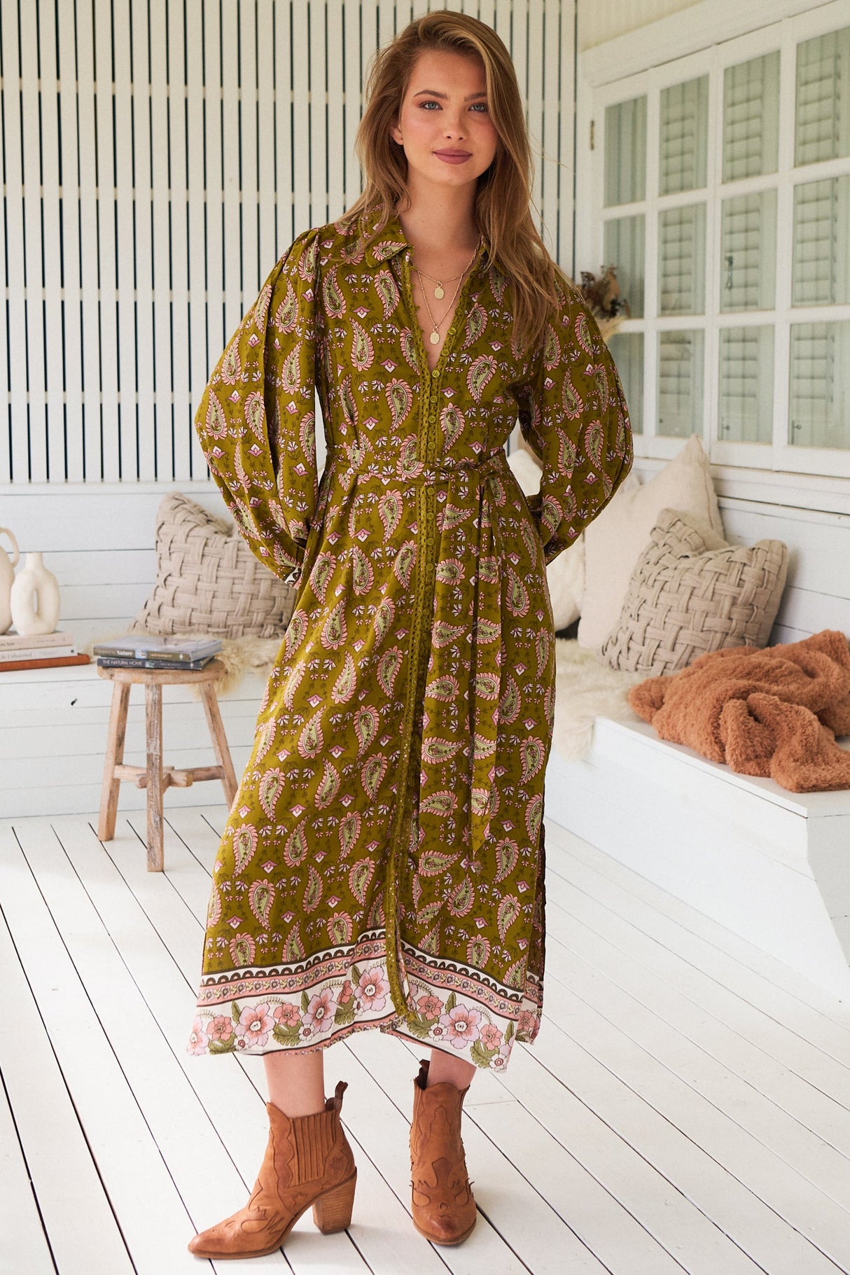 JAASE - Whitney Midi Dress: Collared Button Down Shirt Dress with Belt in Amalie Print