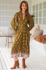 JAASE - Whitney Midi Dress: Collared Button Down Shirt Dress with Belt in Amalie Print