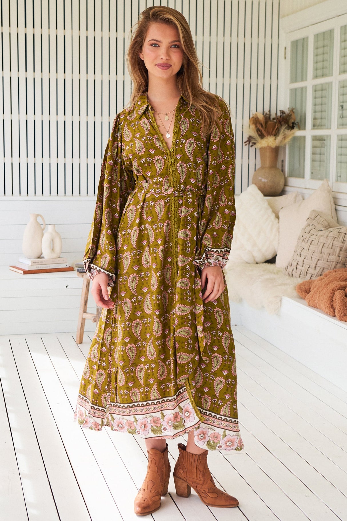 JAASE - Whitney Midi Dress: Collared Button Down Shirt Dress with Belt in Amalie Print