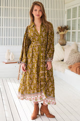 JAASE - Whitney Midi Dress: Collared Button Down Shirt Dress with Belt in Amalie Print