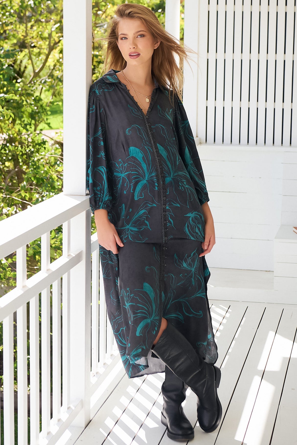 JAASE - Whitney Midi Dress: Collared Button Down Shirt Dress with Belt in Midnight Lilly Print
