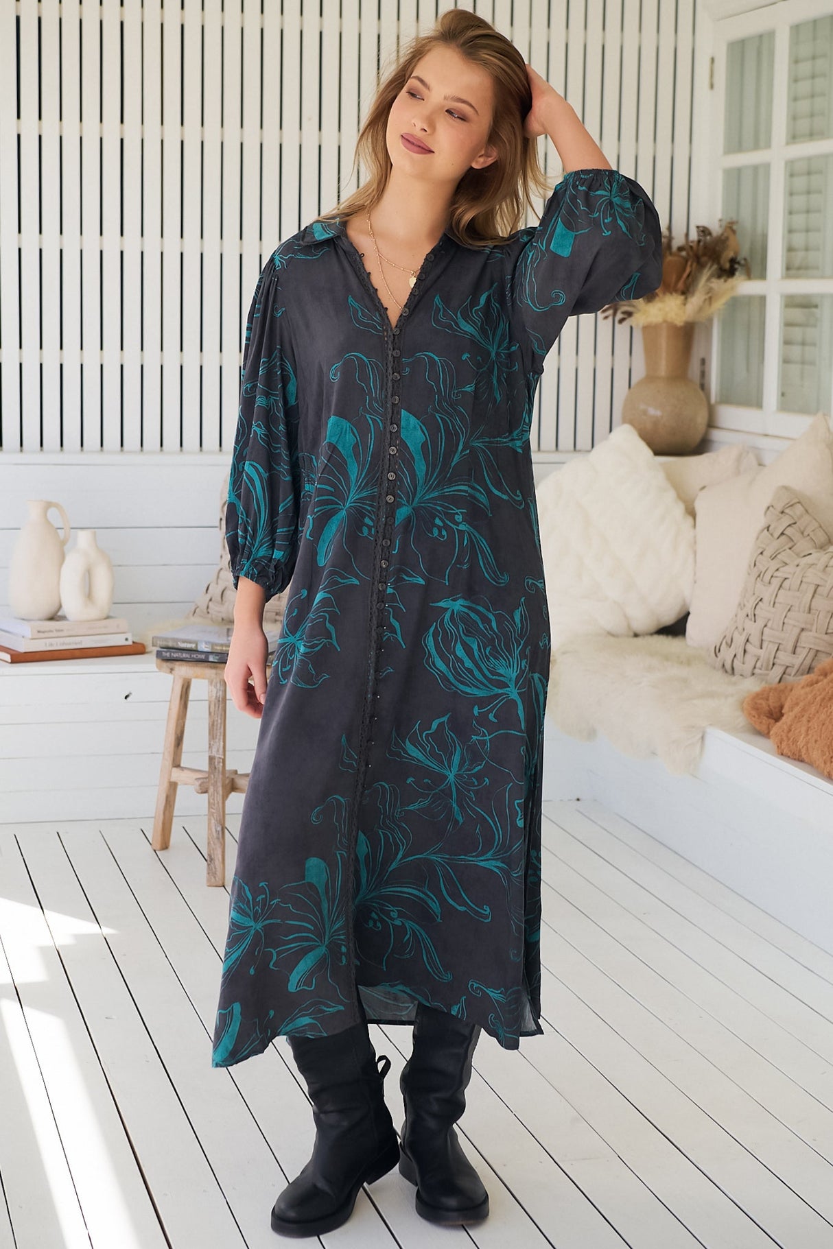 JAASE - Whitney Midi Dress: Collared Button Down Shirt Dress with Belt in Midnight Lilly Print