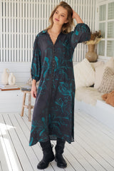 JAASE - Whitney Midi Dress: Collared Button Down Shirt Dress with Belt in Midnight Lilly Print