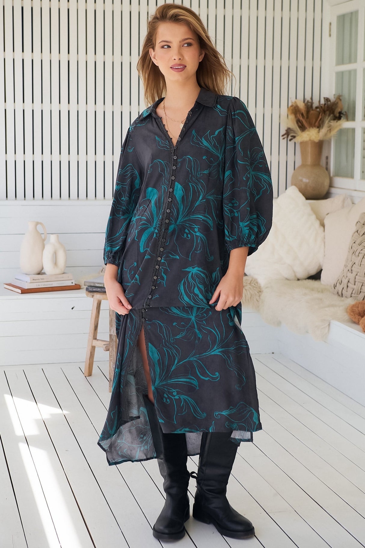 JAASE - Whitney Midi Dress: Collared Button Down Shirt Dress with Belt in Midnight Lilly Print