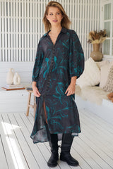 JAASE - Whitney Midi Dress: Collared Button Down Shirt Dress with Belt in Midnight Lilly Print