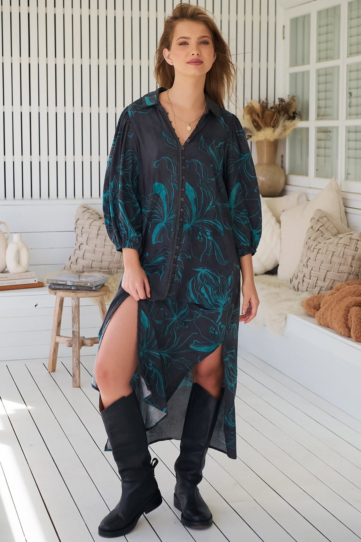 JAASE - Whitney Midi Dress: Collared Button Down Shirt Dress with Belt in Midnight Lilly Print