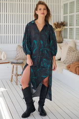 JAASE - Whitney Midi Dress: Collared Button Down Shirt Dress with Belt in Midnight Lilly Print