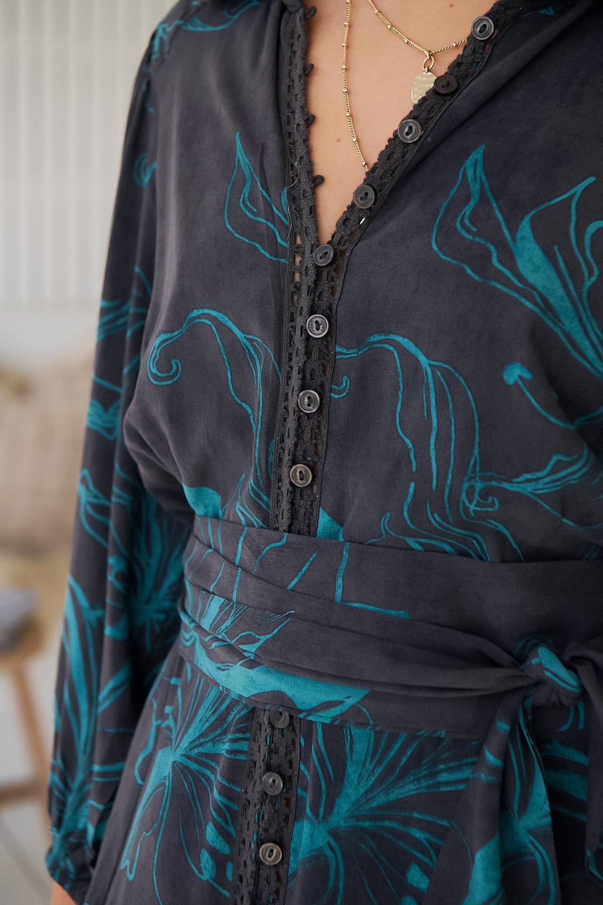 JAASE - Whitney Midi Dress: Collared Button Down Shirt Dress with Belt in Midnight Lilly Print