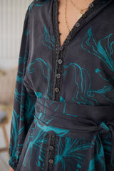 JAASE - Whitney Midi Dress: Collared Button Down Shirt Dress with Belt in Midnight Lilly Print