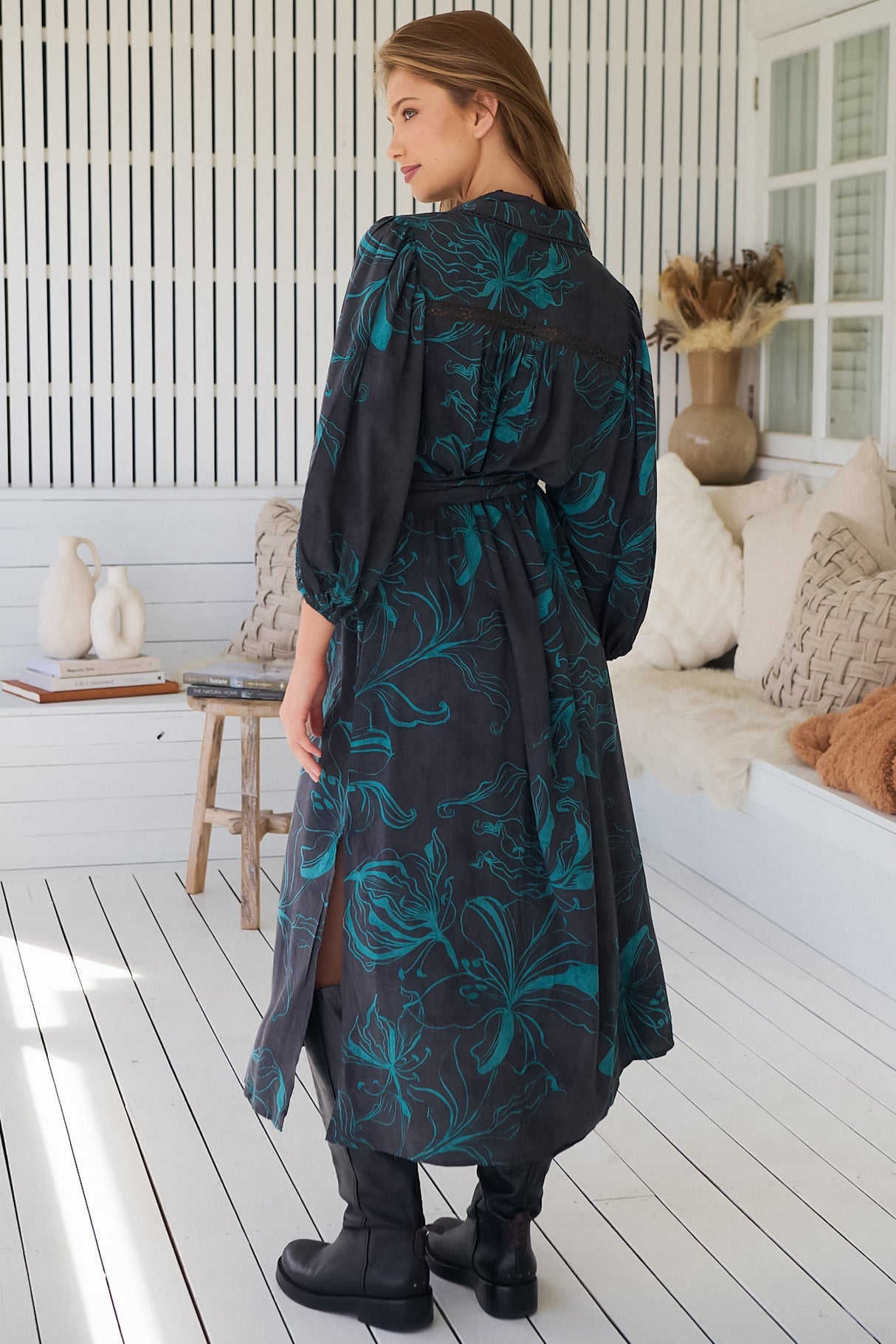 JAASE - Whitney Midi Dress: Collared Button Down Shirt Dress with Belt in Midnight Lilly Print
