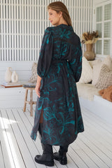 JAASE - Whitney Midi Dress: Collared Button Down Shirt Dress with Belt in Midnight Lilly Print