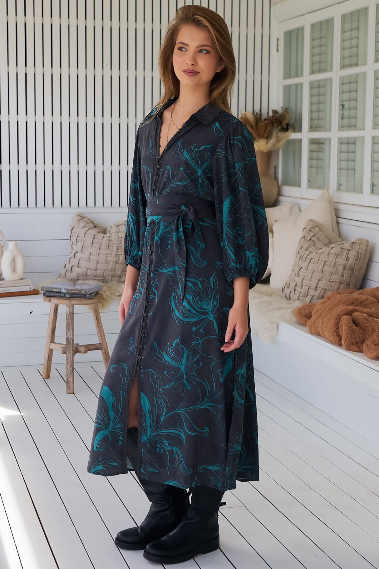 JAASE - Whitney Midi Dress: Collared Button Down Shirt Dress with Belt in Midnight Lilly Print