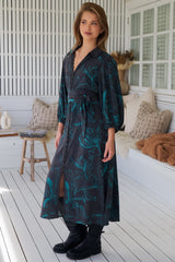 JAASE - Whitney Midi Dress: Collared Button Down Shirt Dress with Belt in Midnight Lilly Print
