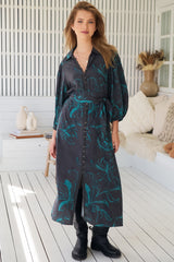 JAASE - Whitney Midi Dress: Collared Button Down Shirt Dress with Belt in Midnight Lilly Print