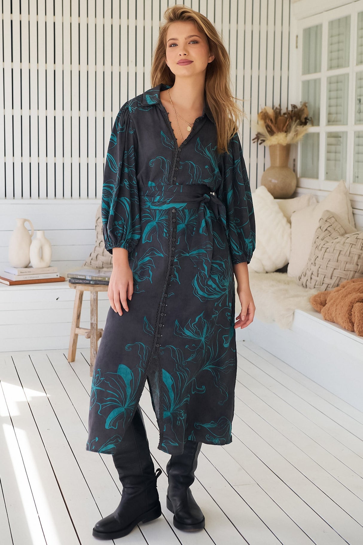 JAASE - Whitney Midi Dress: Collared Button Down Shirt Dress with Belt in Midnight Lilly Print