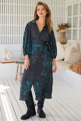 JAASE - Whitney Midi Dress: Collared Button Down Shirt Dress with Belt in Midnight Lilly Print
