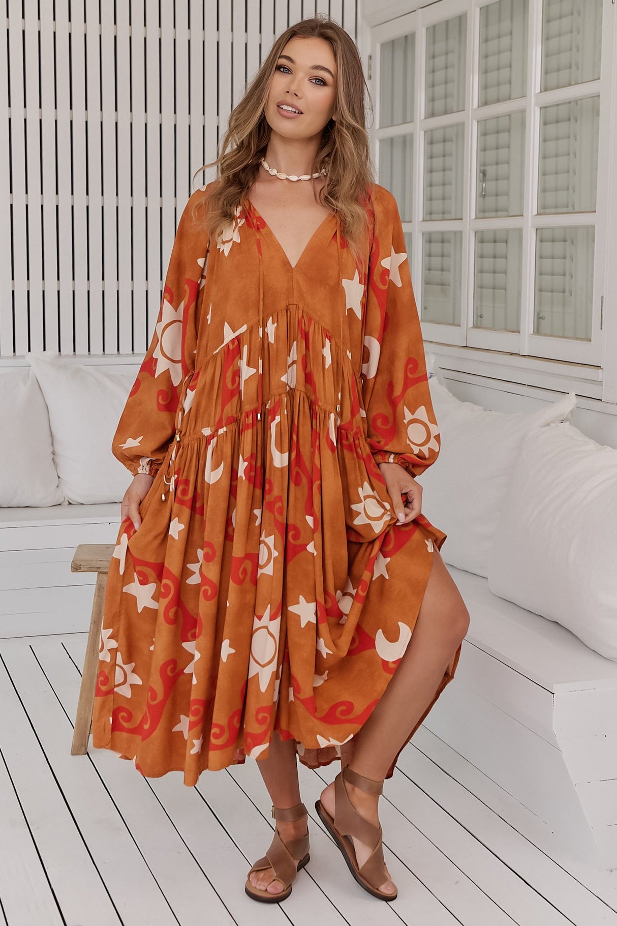 JAASE - Wilde Midi Dress: Frill Collar V Neck Smock Dress in Sina Print