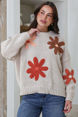 Wildflower Jumper - Chunky Knit Jumper with Flower Decals in Beige Multi