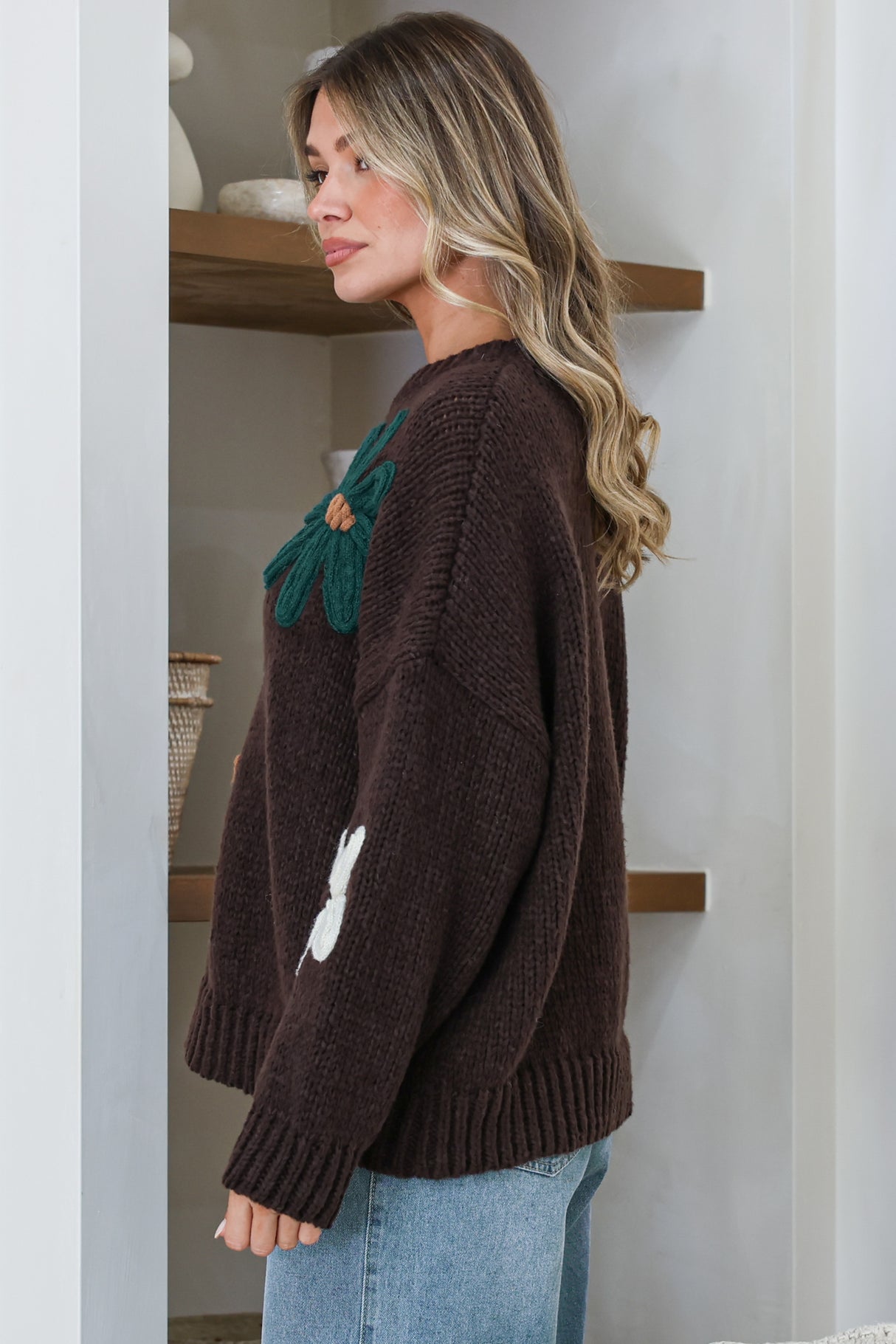 Wildflower Jumper - Chunky Knit Jumper with Flower Decals in Chocolate Multi