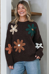 Wildflower Jumper - Chunky Knit Jumper with Flower Decals in Chocolate Multi