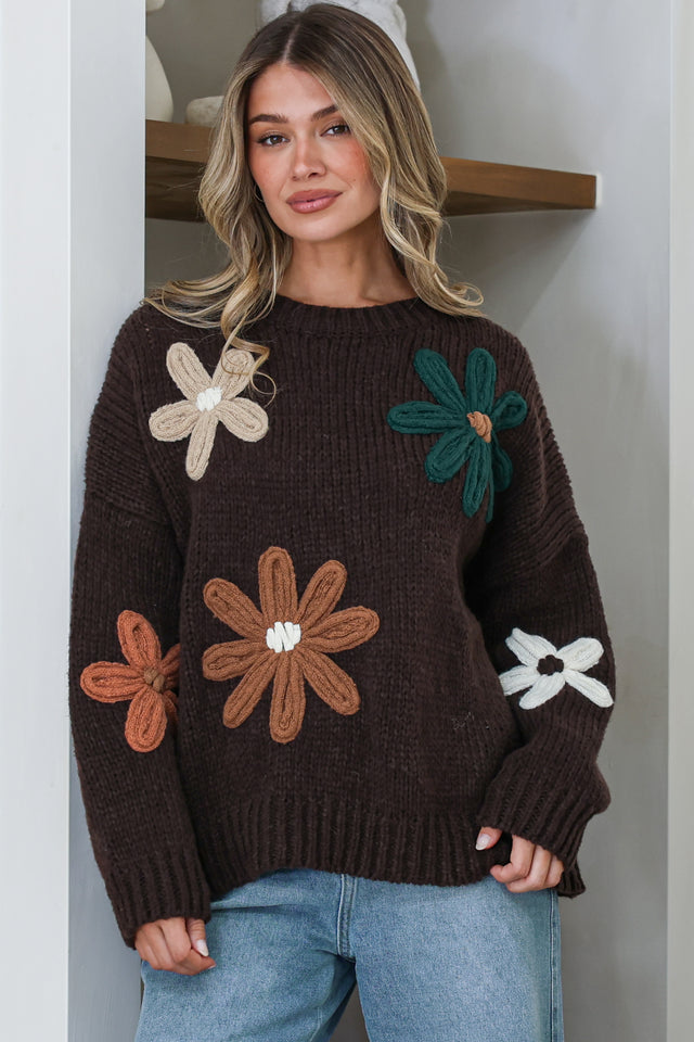 Model wearing Wildflower Jumper in Chocolate Multi from Salty Crush