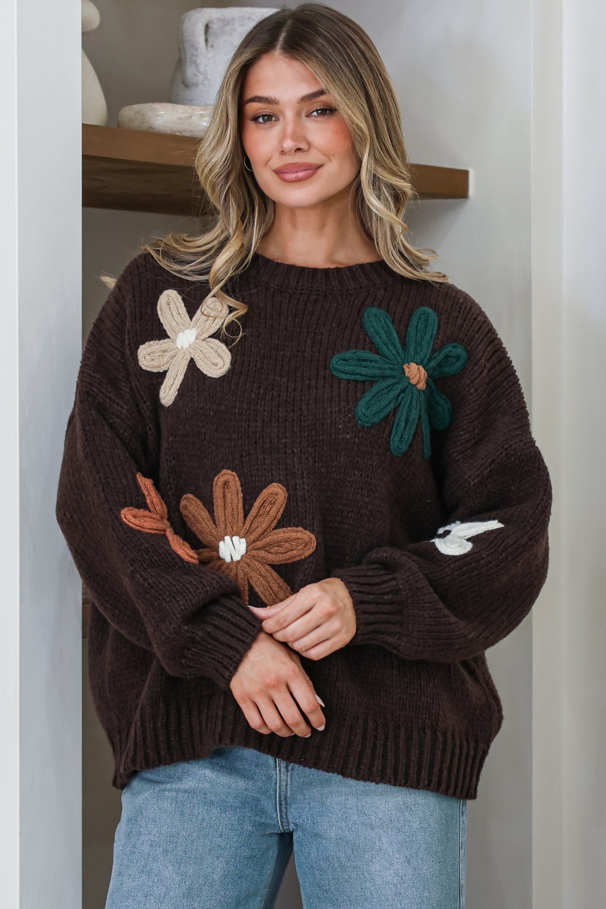 Wildflower Jumper - Chunky Knit Jumper with Flower Decals in Chocolate Multi
