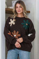 Wildflower Jumper - Chunky Knit Jumper with Flower Decals in Chocolate Multi
