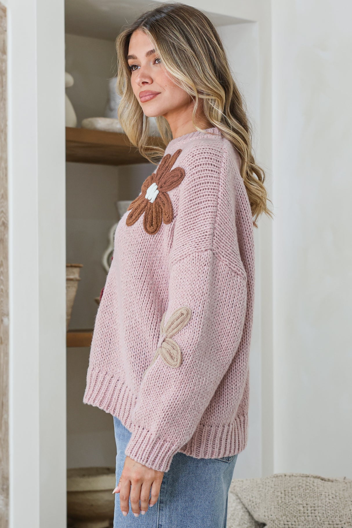 Wildflower Jumper - Chunky Knit Jumper with Flower Decals in Light Mauve Multi