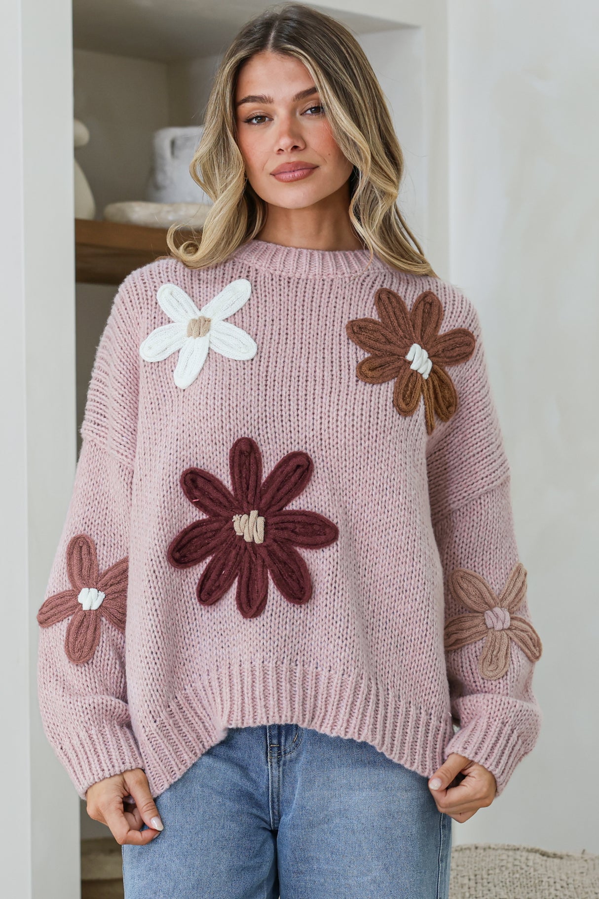 Wildflower Jumper - Chunky Knit Jumper with Flower Decals in Light Mauve Multi