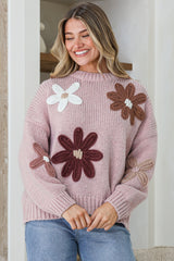 Wildflower Jumper - Chunky Knit Jumper with Flower Decals in Light Mauve Multi