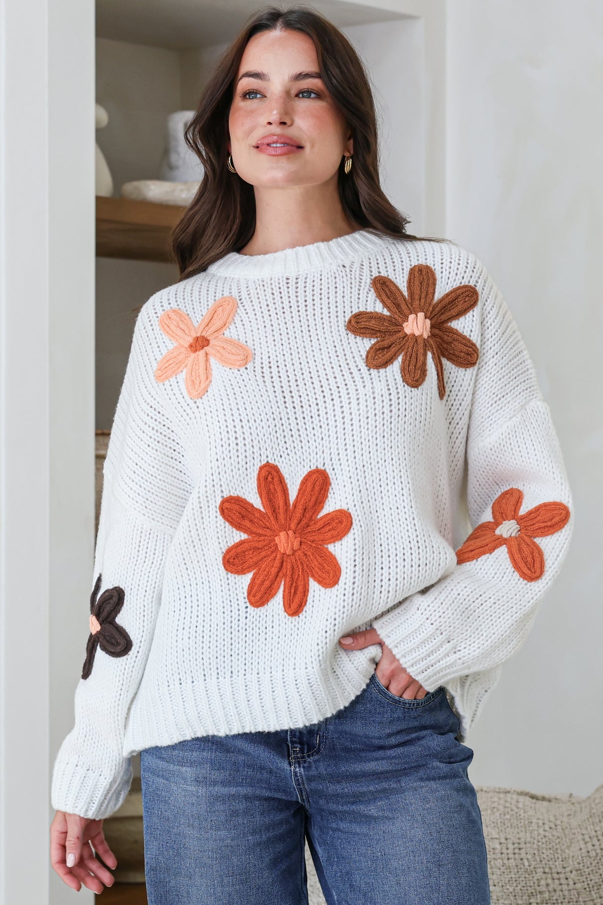 Model wearing Wildflower Jumper in White Multi from Salty Crush