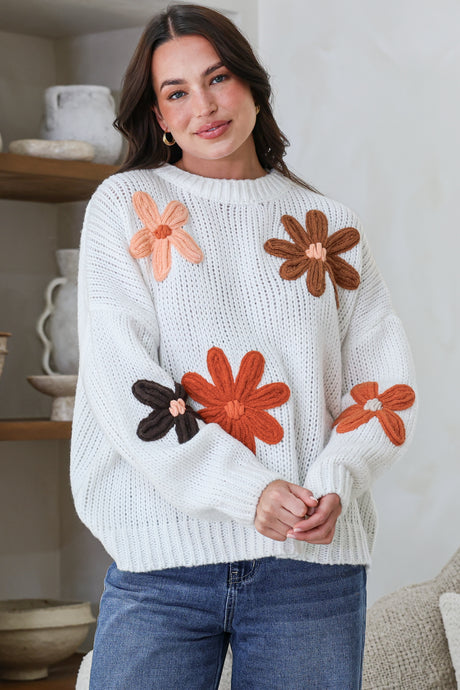 Wildflower Jumper - Chunky Knit Jumper with Flower Decals in White Multi
