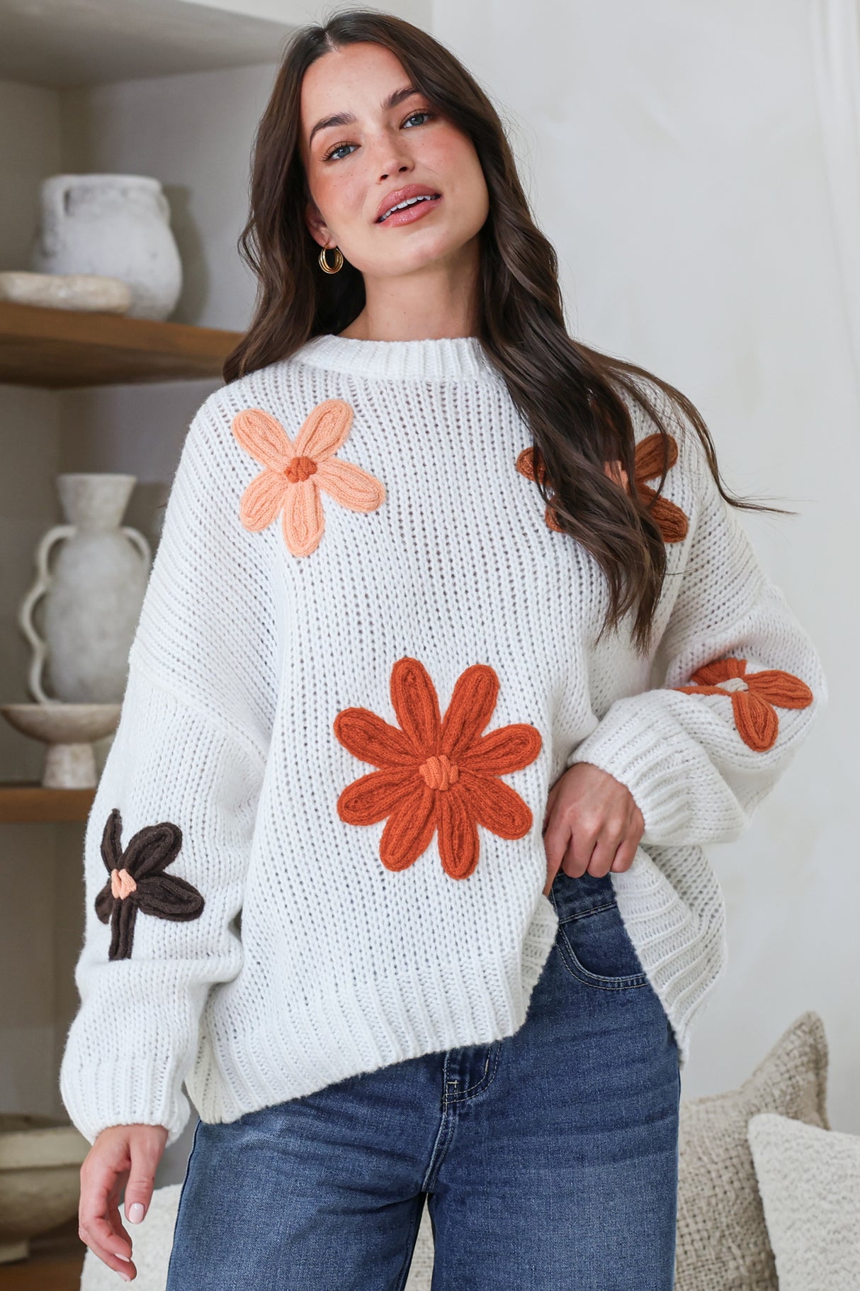 Wildflower Jumper - Chunky Knit Jumper with Flower Decals in White Multi