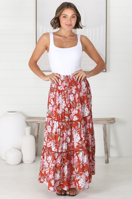 Willa Maxi Skirt/Midi Dress - Shirred Waistband Tiered Skirt or Dress in Floral Print