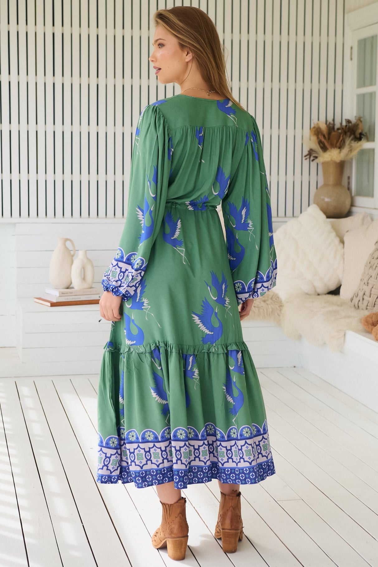 Willa Midi Dress - V-Neck Pull Tie Waist Long Sleeve Dress in Bluebird Print