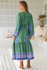 Willa Midi Dress - V-Neck Pull Tie Waist Long Sleeve Dress in Bluebird Print