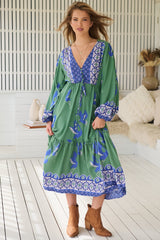 Willa Midi Dress - V-Neck Pull Tie Waist Long Sleeve Dress in Bluebird Print
