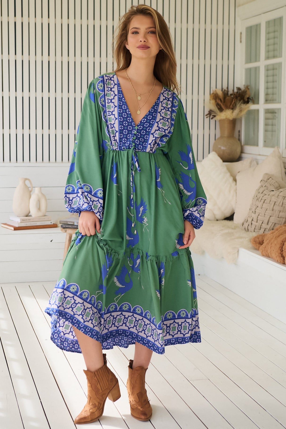 Willa Midi Dress - V-Neck Pull Tie Waist Long Sleeve Dress in Bluebird Print