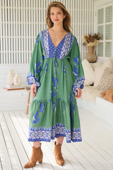 Willa Midi Dress - V-Neck Pull Tie Waist Long Sleeve Dress in Bluebird Print