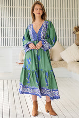 Willa Midi Dress - V-Neck Pull Tie Waist Long Sleeve Dress in Bluebird Print
