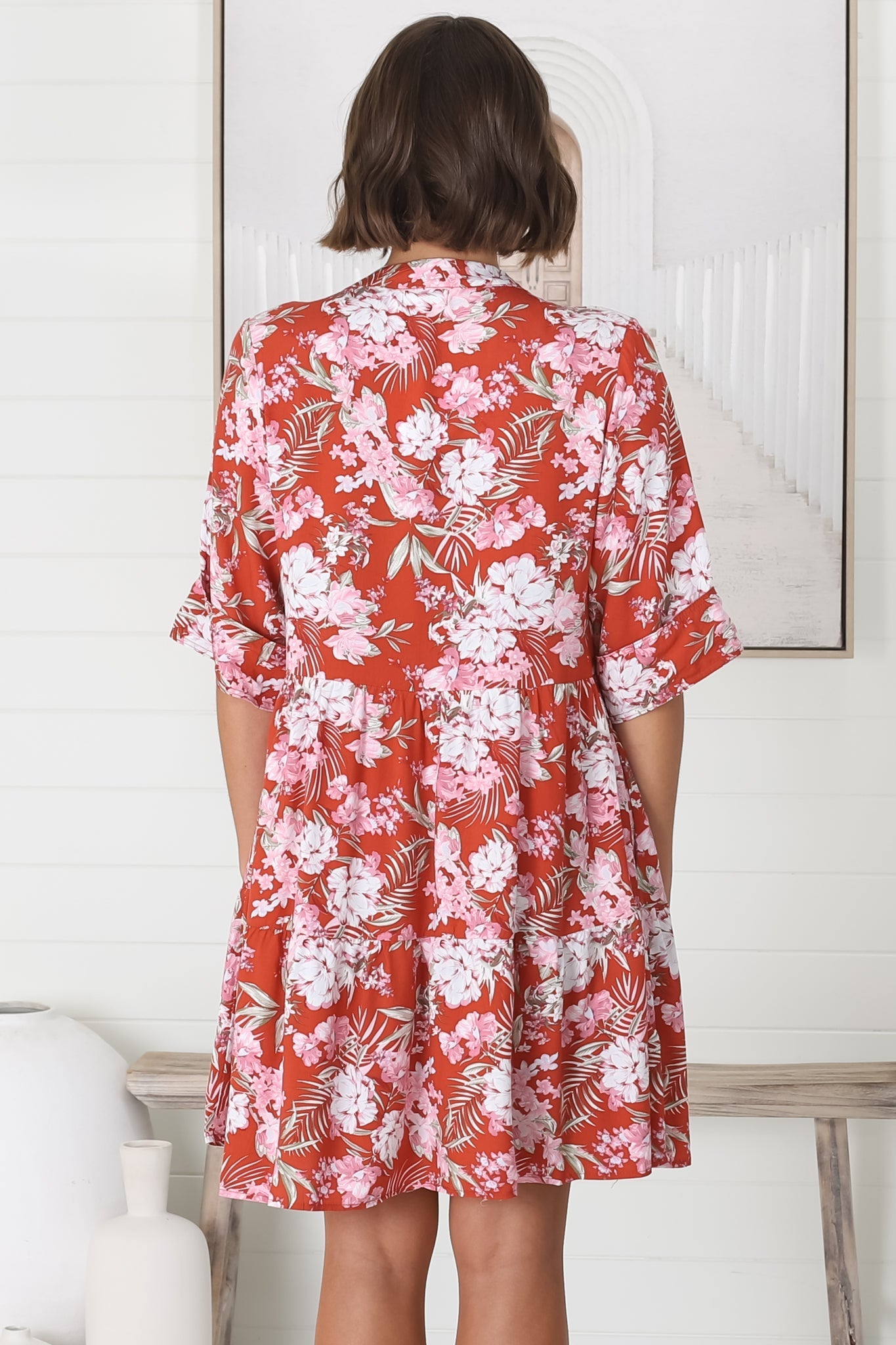 Willa Mini Dress - 3/4 Sleeve Tiered Smock Dress in Floral Print