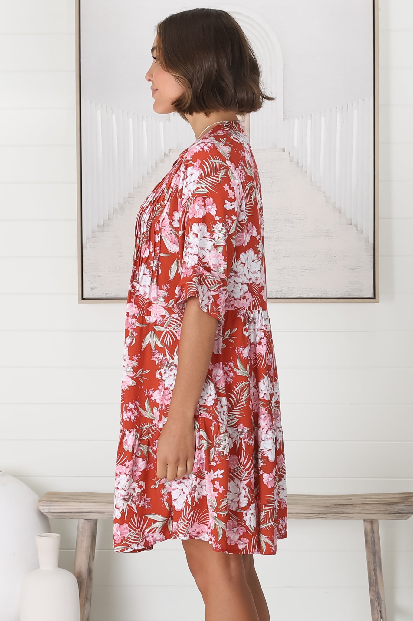 Willa Mini Dress - 3/4 Sleeve Tiered Smock Dress in Floral Print