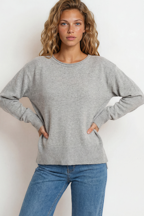 Model wearing Willow Jumper in Grey from Salty Crush
