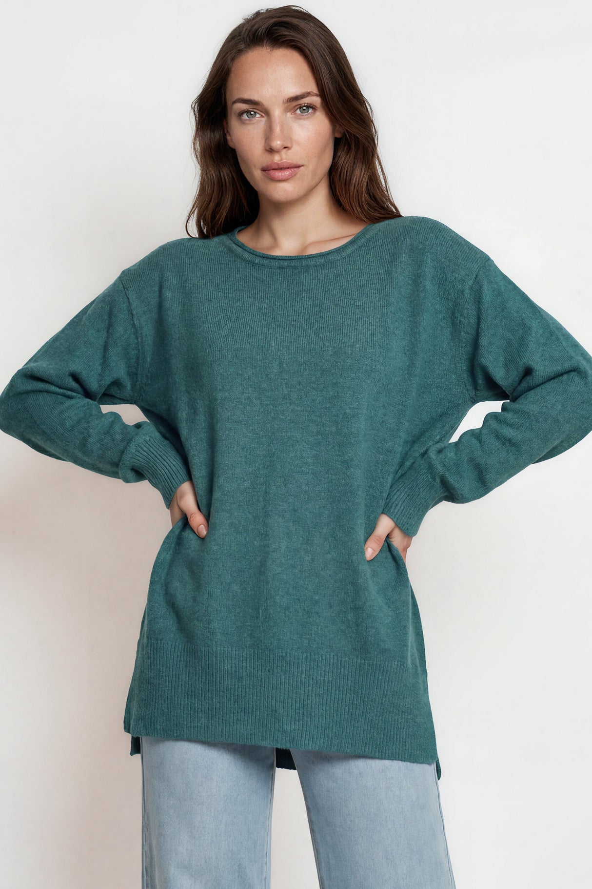 Model wearing Willow Jumper in Teal from Salty Crush