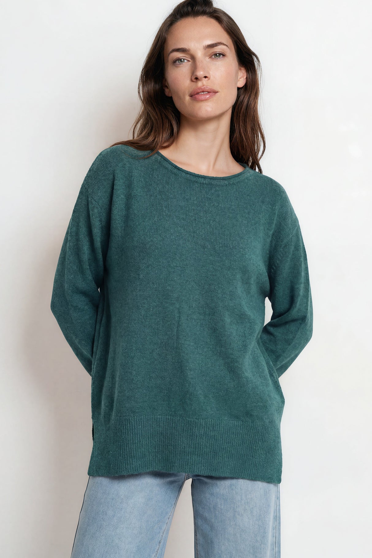 Model wearing Willow Jumper in Teal from Salty Crush