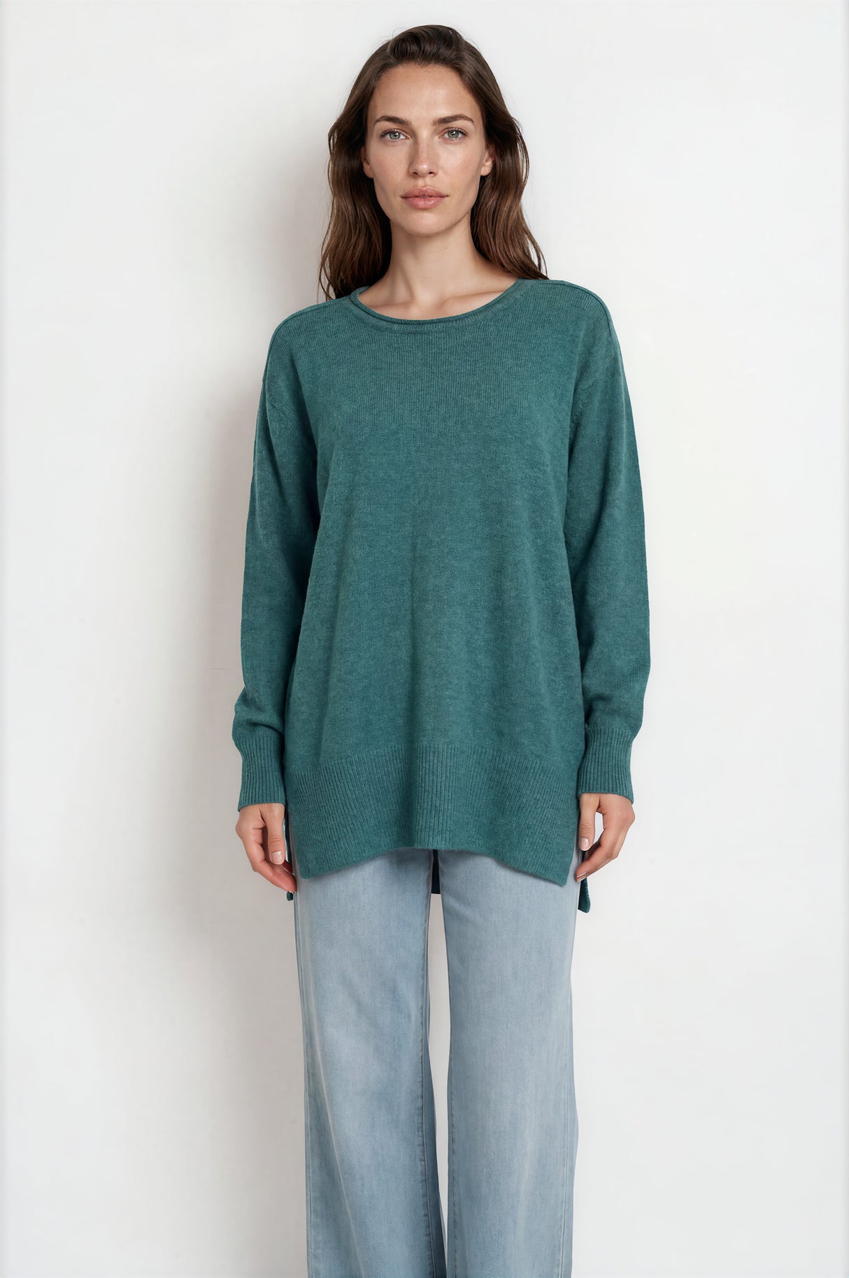 Model wearing Willow Jumper in Teal from Salty Crush