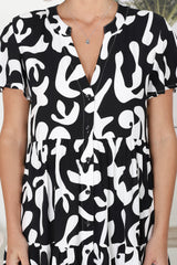 Wilma Mini Dress - Bermuda Collar Button Down Dress with Cap Sleeves in Jaxie Print Black