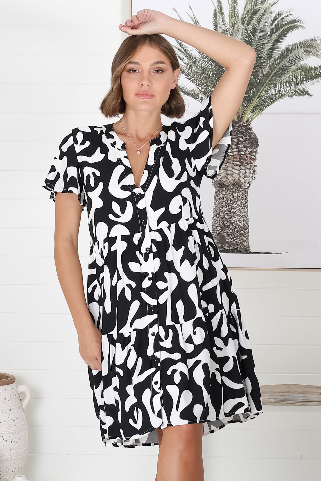 Wilma Mini Dress - Bermuda Collar Button Down Dress with Cap Sleeves in Jaxie Print Black