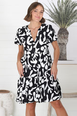 Wilma Mini Dress - Bermuda Collar Button Down Dress with Cap Sleeves in Jaxie Print Black