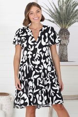 Wilma Mini Dress - Bermuda Collar Button Down Dress with Cap Sleeves in Jaxie Print Black